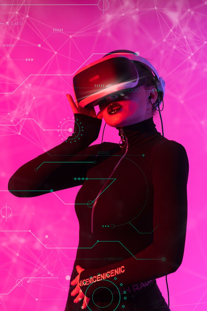 Woman wearing VR headset in a futuristic digital environment with pink cyber graphics.