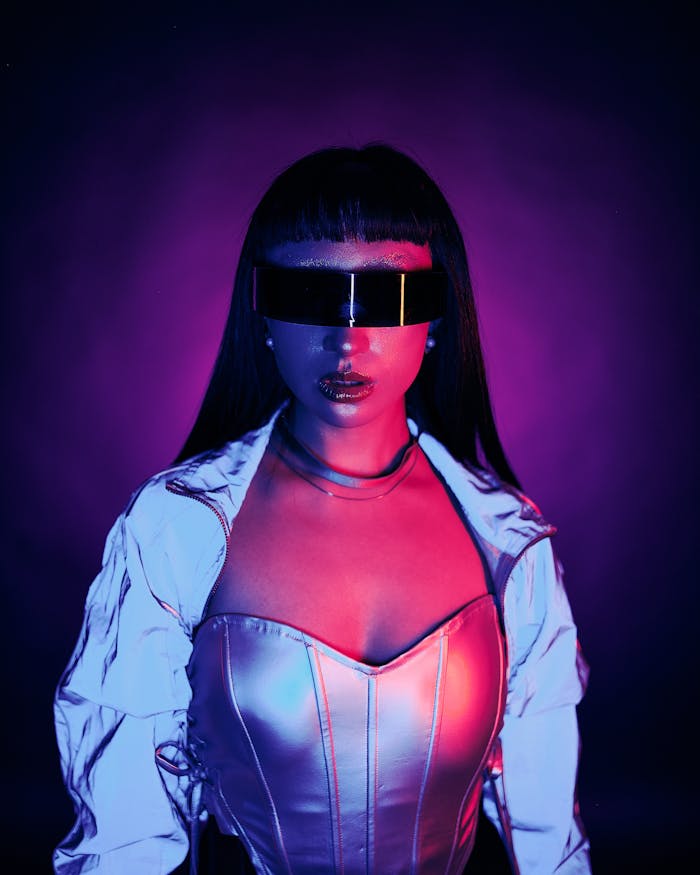 A futuristic portrait of a woman in neon lighting with a cyberpunk aesthetic.