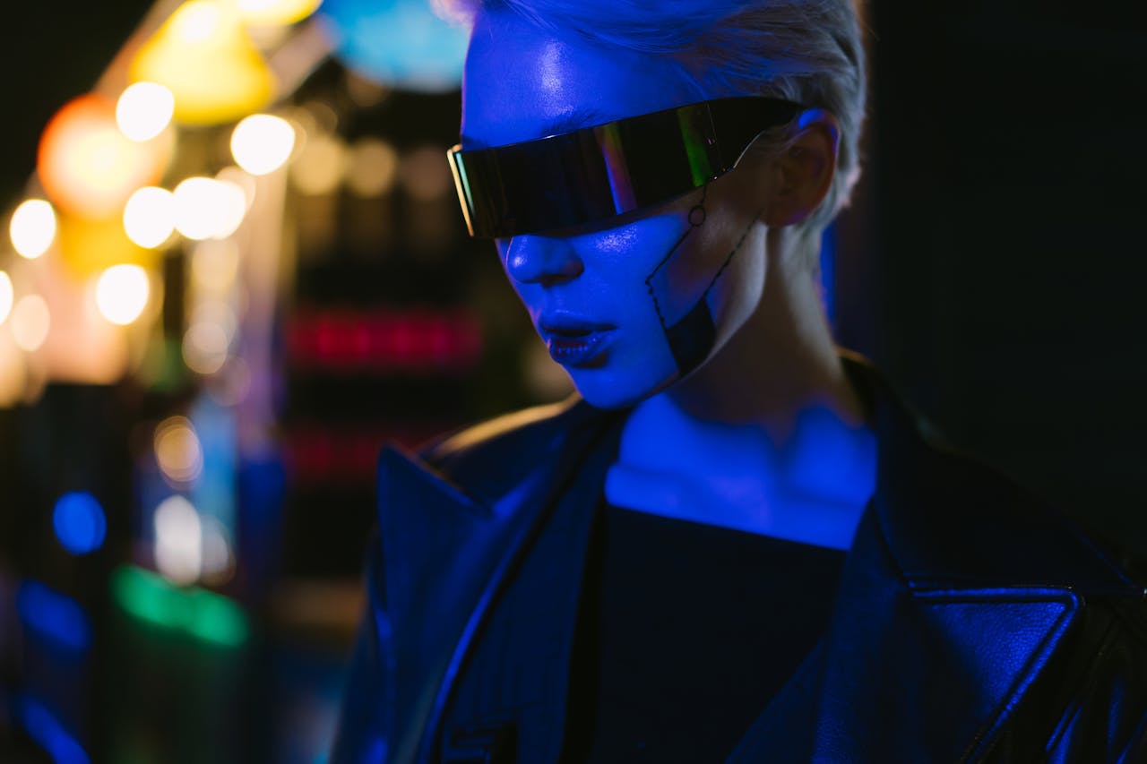 A futuristic cyber woman with AI-inspired eyewear under neon lights, exuding a cyberpunk style.