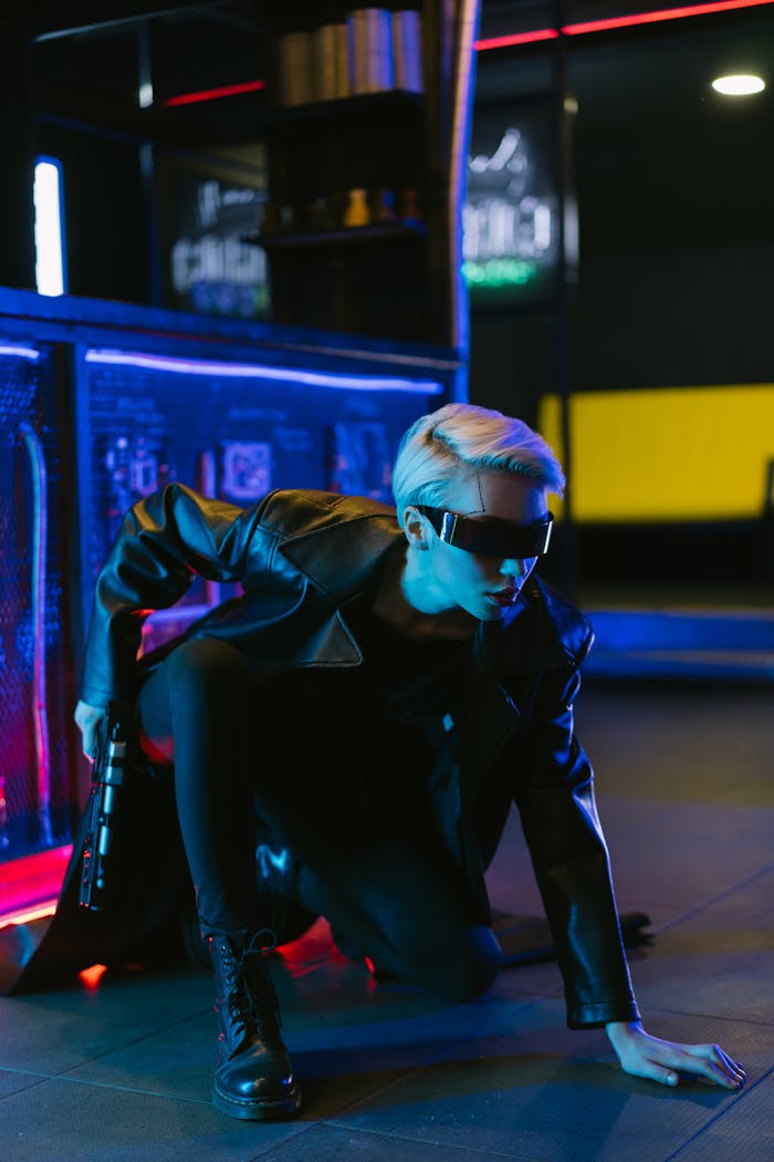 Stylish woman in cyberpunk attire with neon glow, crouched in a futuristic setting.