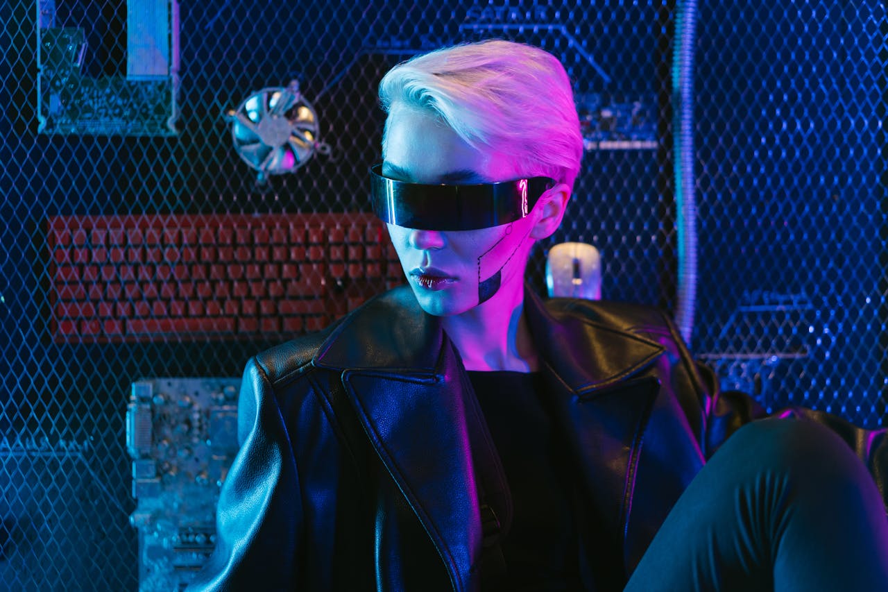 Stylish woman in cyberpunk fashion with futuristic eyewear, illuminated by neon lights.