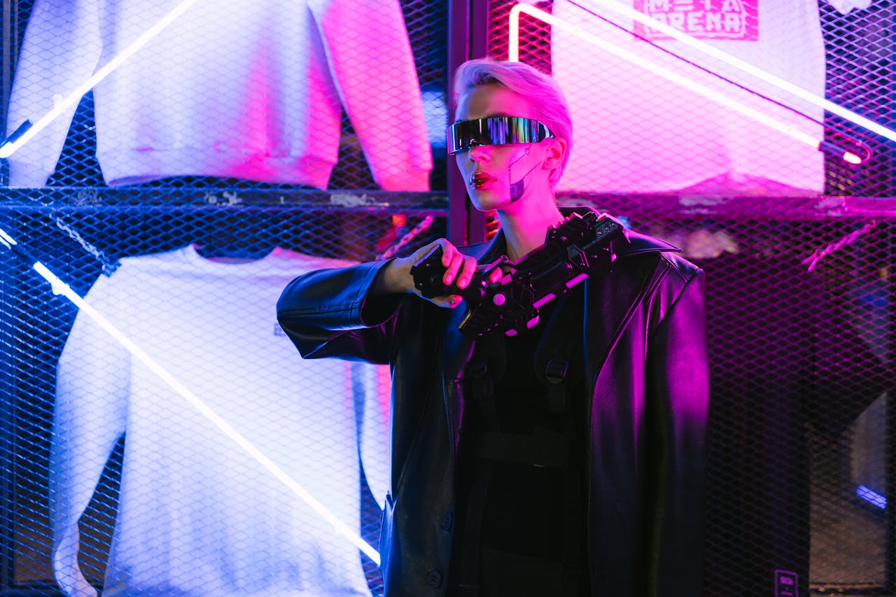 A futuristic woman in a cyberpunk outfit with neon lights and eyewear.
