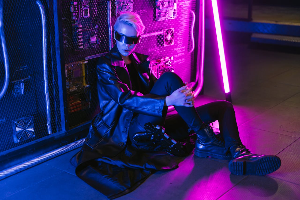 Stylish person in cyberpunk fashion with neon lights, capturing a futuristic vibe.