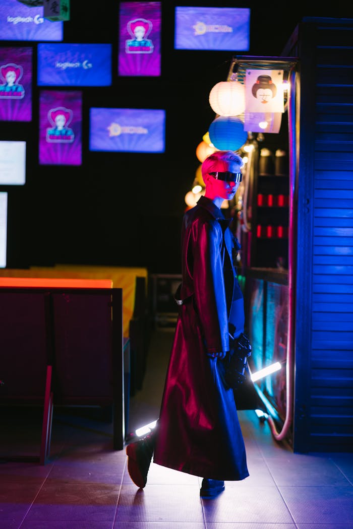 Cyberpunk fashion scene with neon lights and futuristic eyewear.