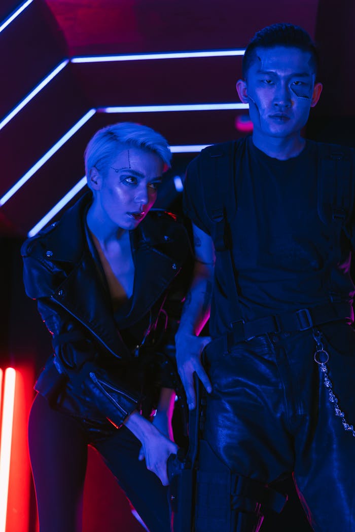 Two adults in stylish cyberpunk attire under vibrant neon lights, showcasing futuristic fashion.